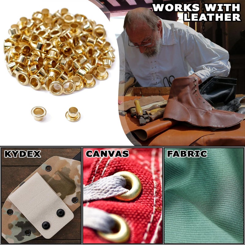 Holstex [100 Pack] HolsterSmith Polished Brass Eyelets - (#8-6 Length) - (1/4 in. Diameter) - (USA Made) - Rivets for DIY Kydex Holsters, Leather Shoes, and Canvas Cloth - Image 2